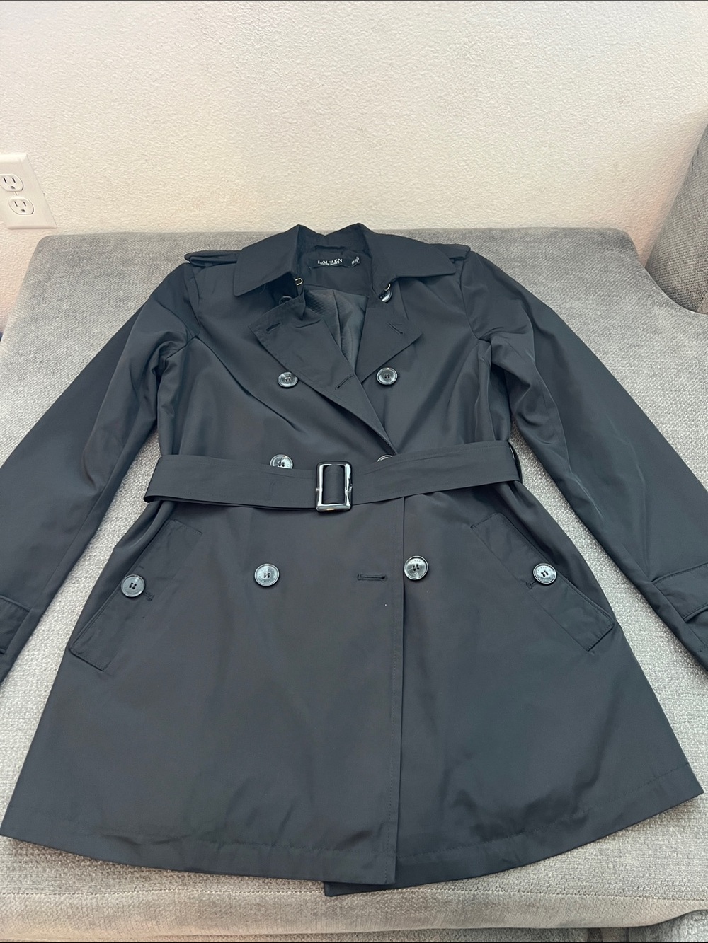 Lauren Ralph Lauren Black Double-Breasted Trench Coat with Belt